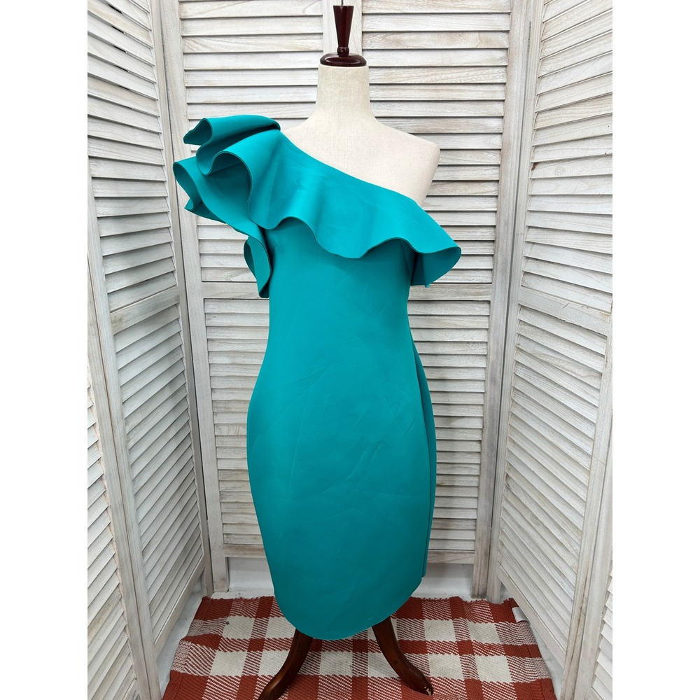 NEW Eliza J One Shoulder Ruffle Sheath Dress Size 14 Jade Resort Wedding Guest